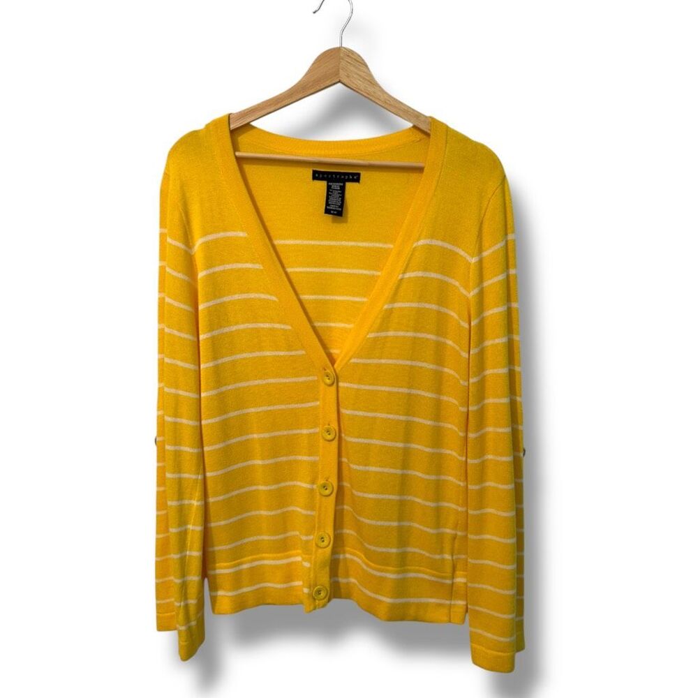 Apostrophe Cardigan Sweater Womens M Yellow & White Striped V-Neck